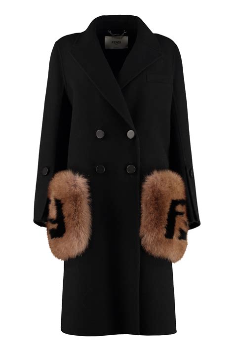 fendi double-breasted wool-blend fur collar coat|Coats & Outerwear .